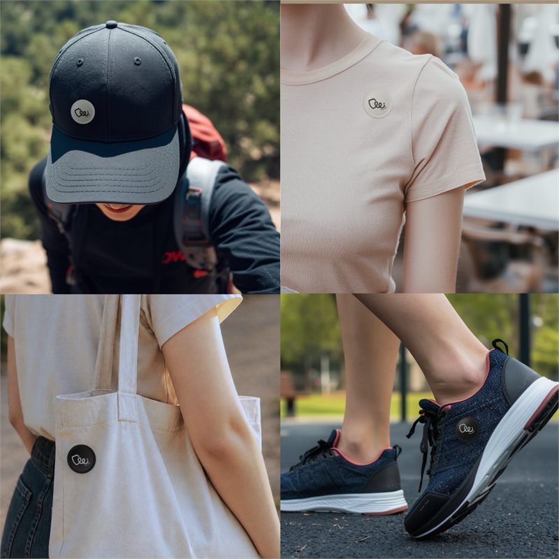 ภาพสี่ช่องแสดงตำแหน่งแปะสติกเกอร์ไล่ยุง วี วี บนหมวก เสื้อยืด กระเป๋าผ้า และรองเท้าผ้าใบ